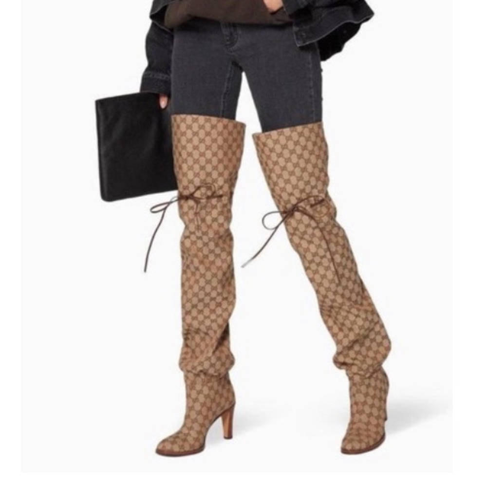 NWT-Gucci Beige GG Supreme Logo Monogram Canvas Thigh Over The Knee Boots